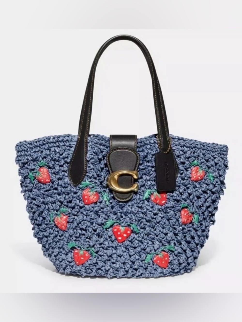 Coach Blue Crochet Tote with Red Strawberry Motif